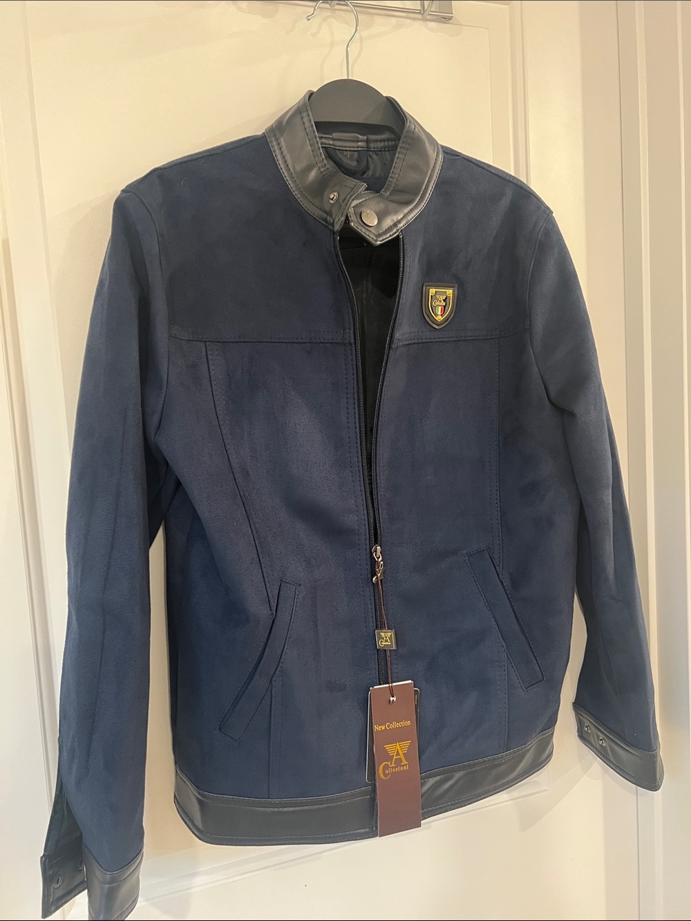 A.Collezioni high-quality Navy Blue Suede  Jacket S with Black Leather Trim